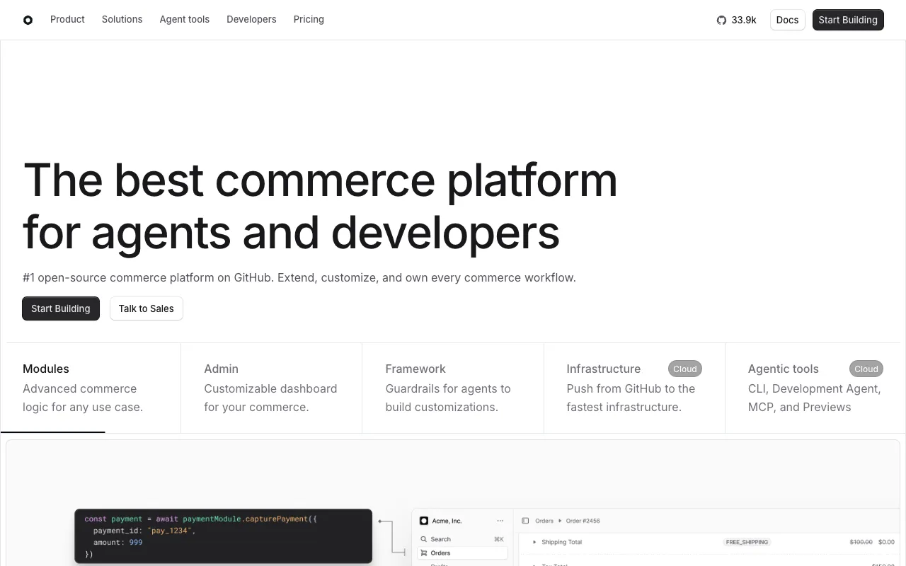 Medusa commerce platform homepage